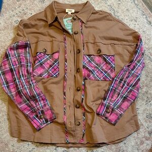 ODDI Brown Button-Front Shirt Jacket with Pink Plaid Accents